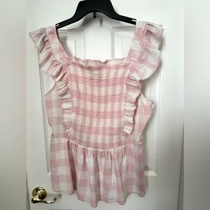 Pink and White Buffalo Plaid Ruffle Blouse Size XL
